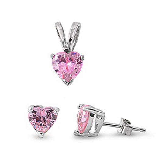 Solitaire Heart Earrings Pink Simulated CZ .925 Sterling Silver Pendant Set