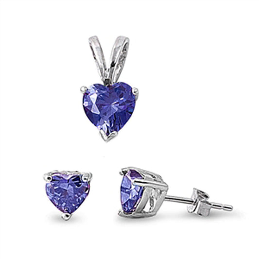 Solitaire Heart Earrings Simulated Tanzanite .925 Sterling Silver Pendant Set