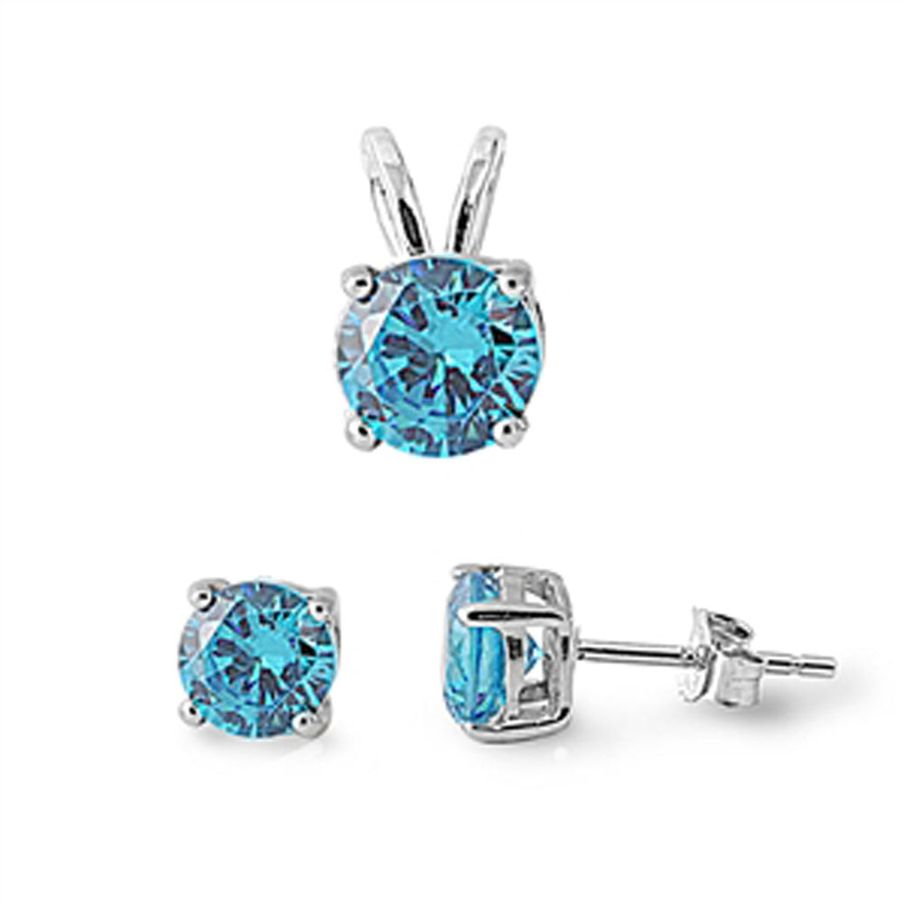 Solitaire Round Earrings Blue Simulated Topaz .925 Sterling Silver Pendant Set