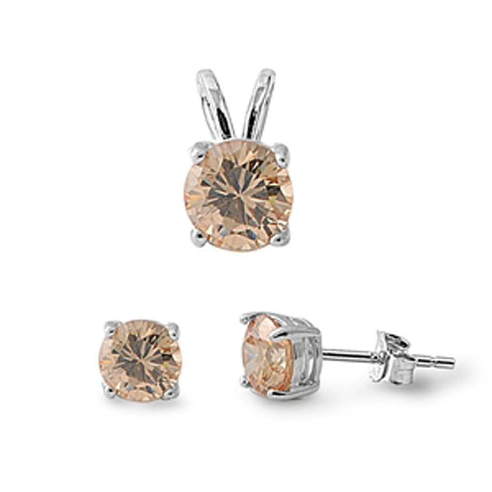 Solitaire Round Earrings Champagne Simulated CZ .925 Sterling Silver Pendant Set
