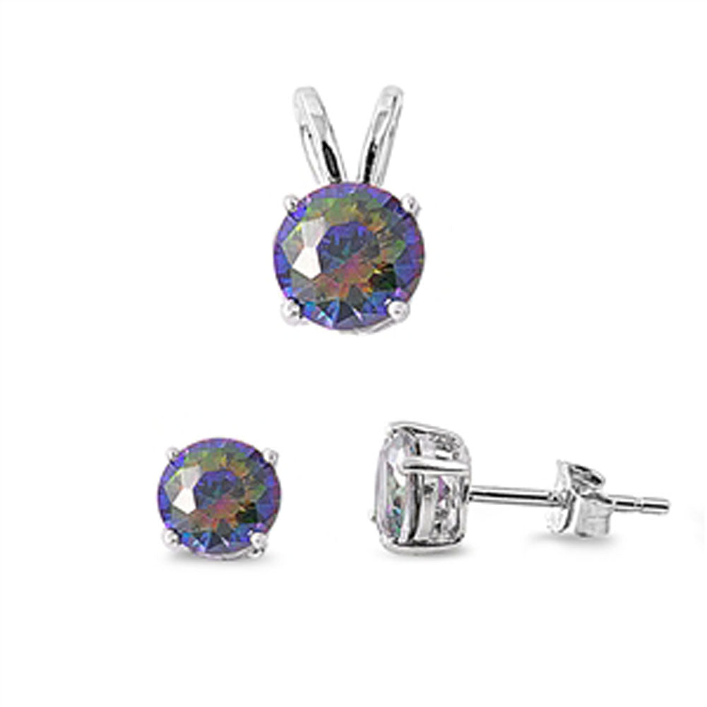 Solitaire Round Earrings Rainbow Simulated Topaz .925 Sterling Silver Pendant Set