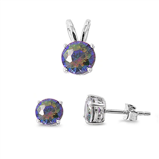 Solitaire Round Earrings Rainbow Simulated Topaz .925 Sterling Silver Pendant Set