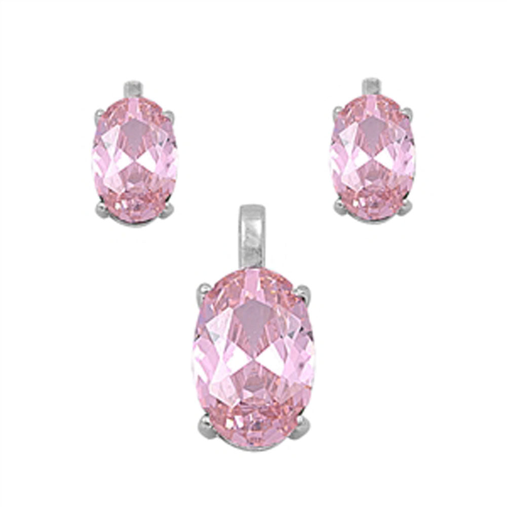 Solitaire Oval Earrings Pink Simulated CZ .925 Sterling Silver Pendant Set