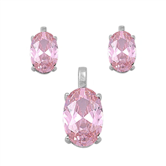 Solitaire Oval Earrings Pink Simulated CZ .925 Sterling Silver Pendant Set