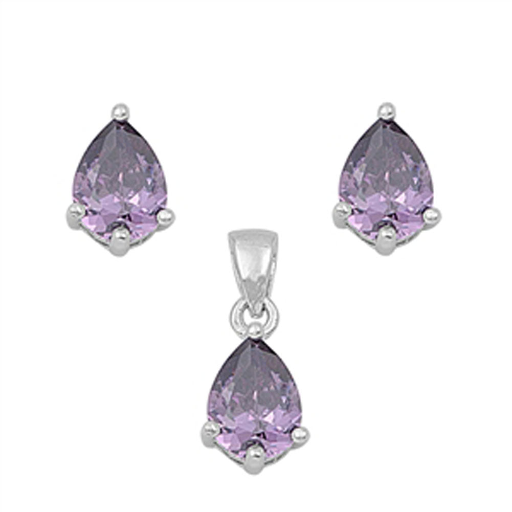 Solitaire Teardrop Earrings Simulated Amethyst .925 Sterling Silver Pendant Set