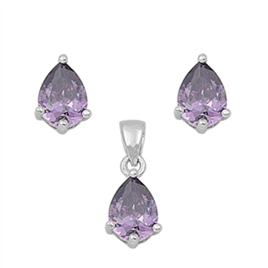 Solitaire Teardrop Earrings Simulated Amethyst .925 Sterling Silver Pendant Set