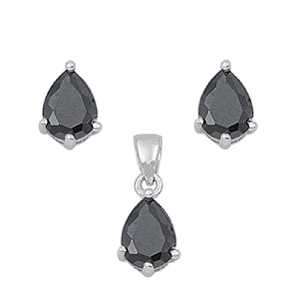 Solitaire Teardrop Earrings Black Simulated CZ .925 Sterling Silver Pendant Set