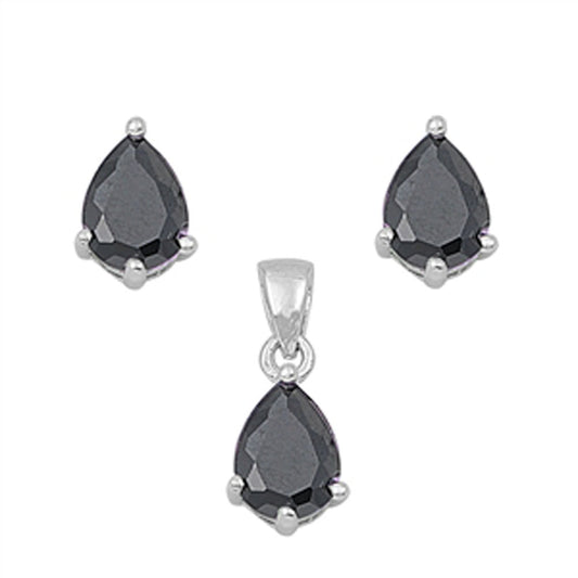 Solitaire Teardrop Earrings Black Simulated CZ .925 Sterling Silver Pendant Set