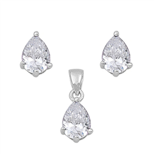 Solitaire Teardrop Earrings Clear Simulated CZ .925 Sterling Silver Pendant Set