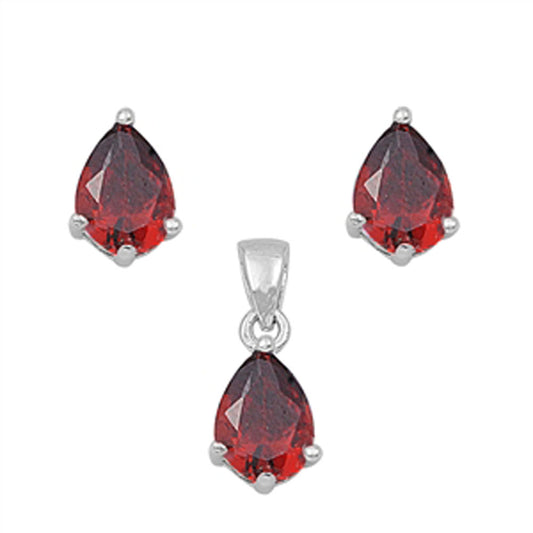 Solitaire Teardrop Earrings Simulated Garnet .925 Sterling Silver Pendant Set