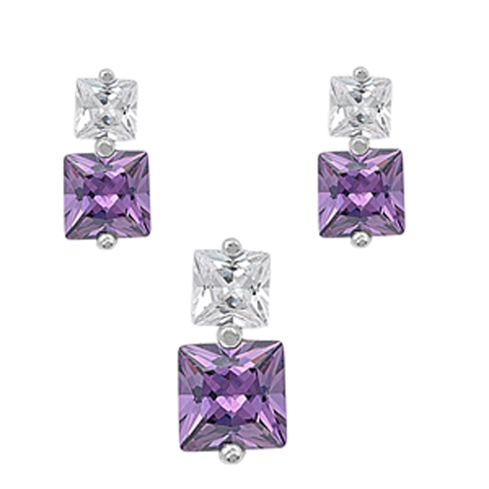Square Princess Cut Earrings Simulated Amethyst Clear Simulated CZ .925 Sterling Silver Pendant Set
