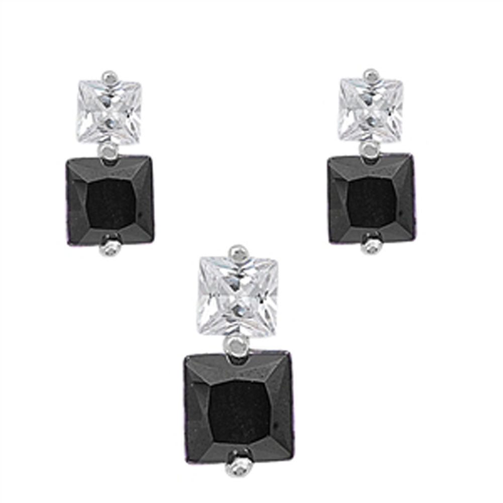 Square Princess Cut Earrings Black Simulated CZ Clear Simulated CZ .925 Sterling Silver Pendant Set