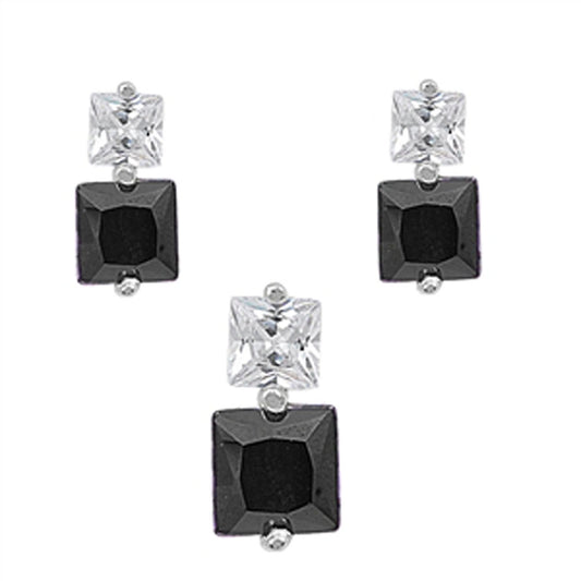 Square Princess Cut Earrings Black Simulated CZ Clear Simulated CZ .925 Sterling Silver Pendant Set