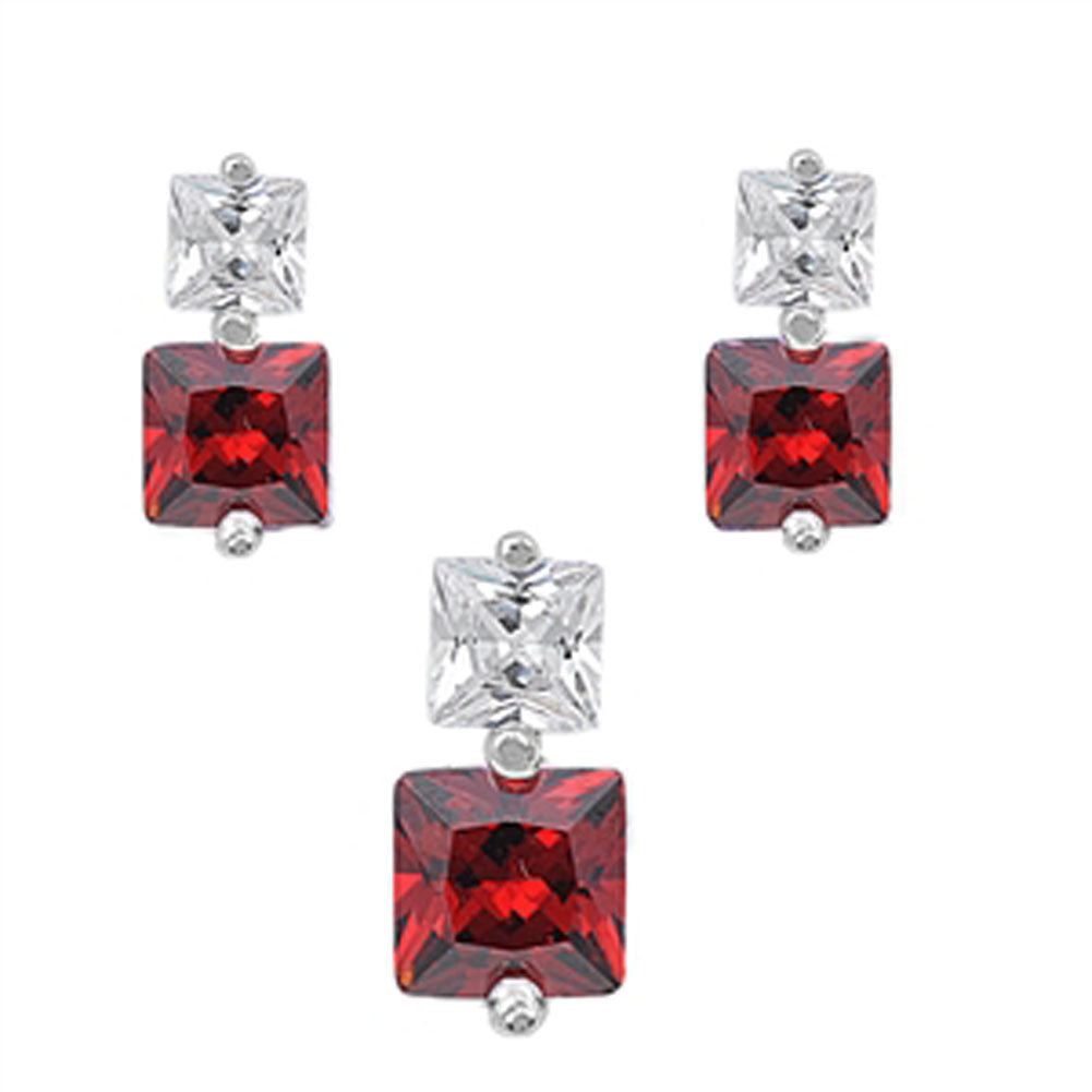 Square Princess Cut Earrings Simulated Garnet Clear Simulated CZ .925 Sterling Silver Pendant Set