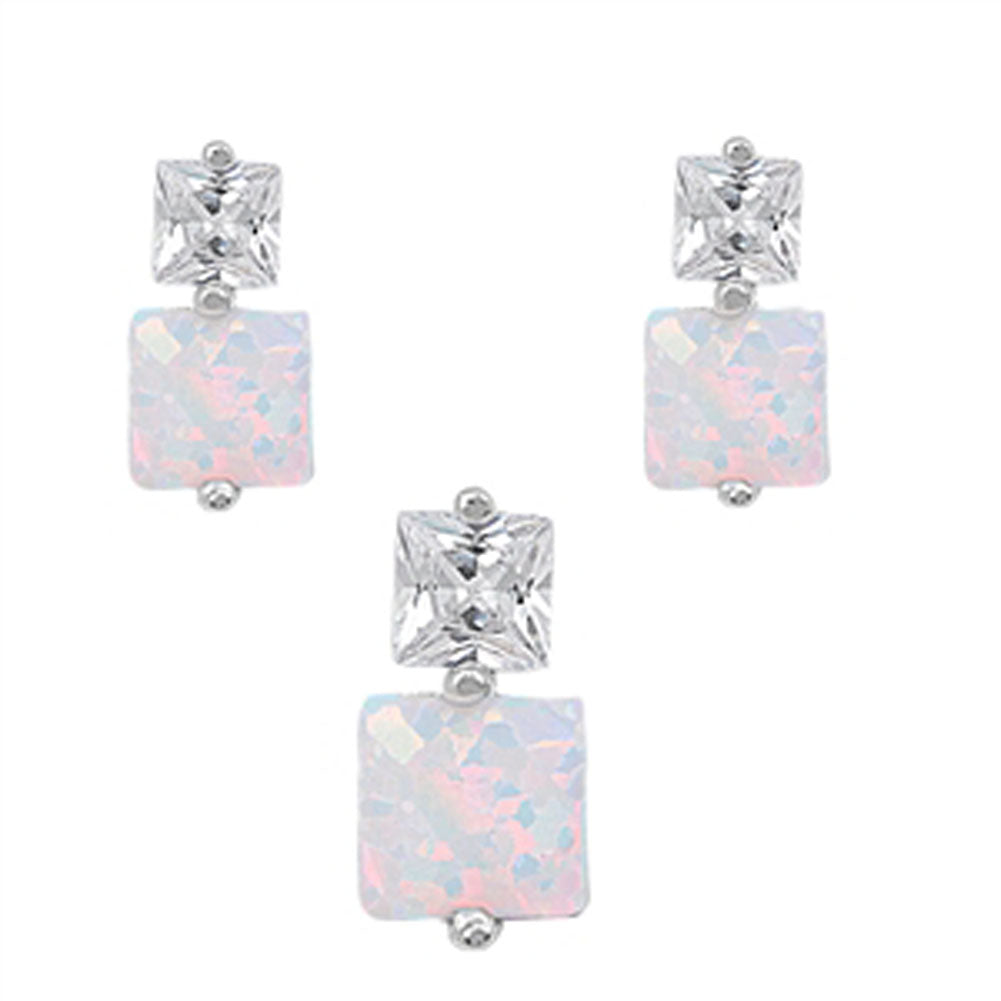 Square Earrings White Simulated Opal Clear Simulated CZ .925 Sterling Silver Pendant Set