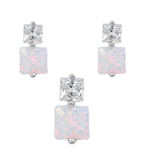 Square Earrings White Simulated Opal Clear Simulated CZ .925 Sterling Silver Pendant Set