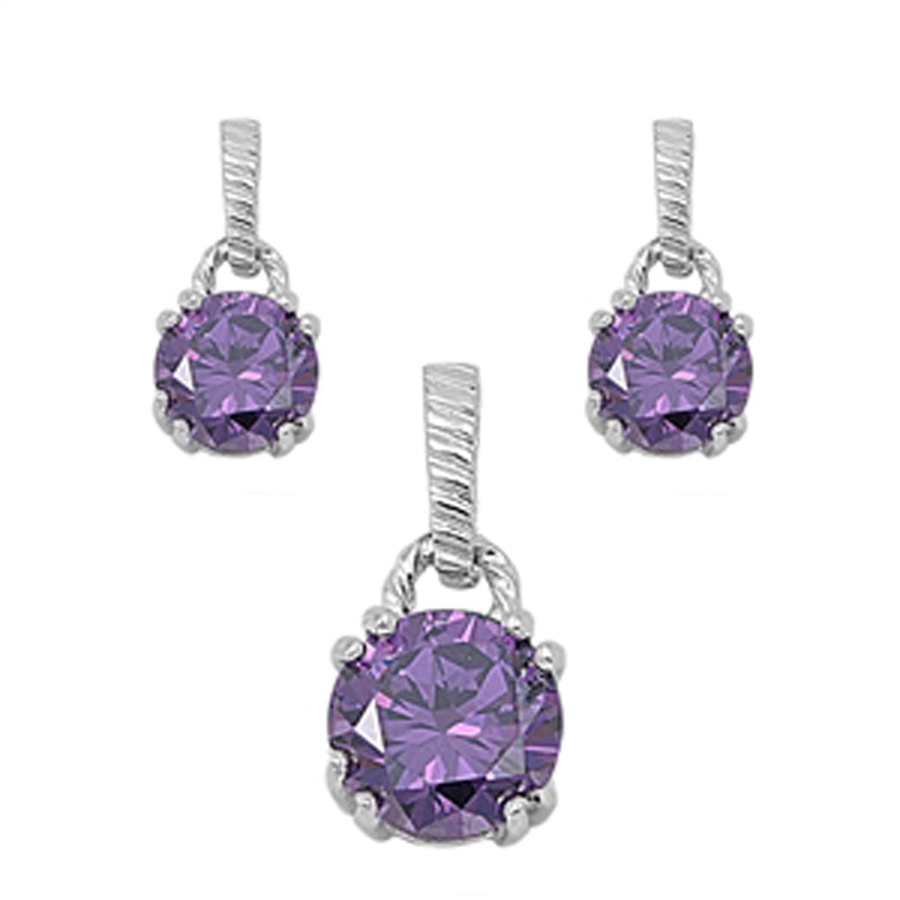 Solitaire Round Earrings Simulated Amethyst .925 Sterling Silver Pendant Set