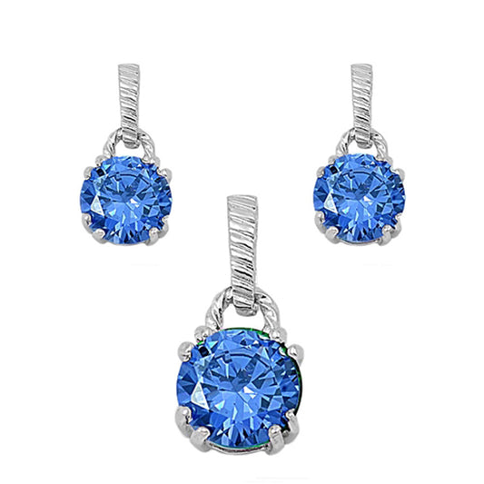 Rope Simple Circle Dangle Classic Blue Simulated Topaz .925 Sterling Silver Earrings Pendant Set