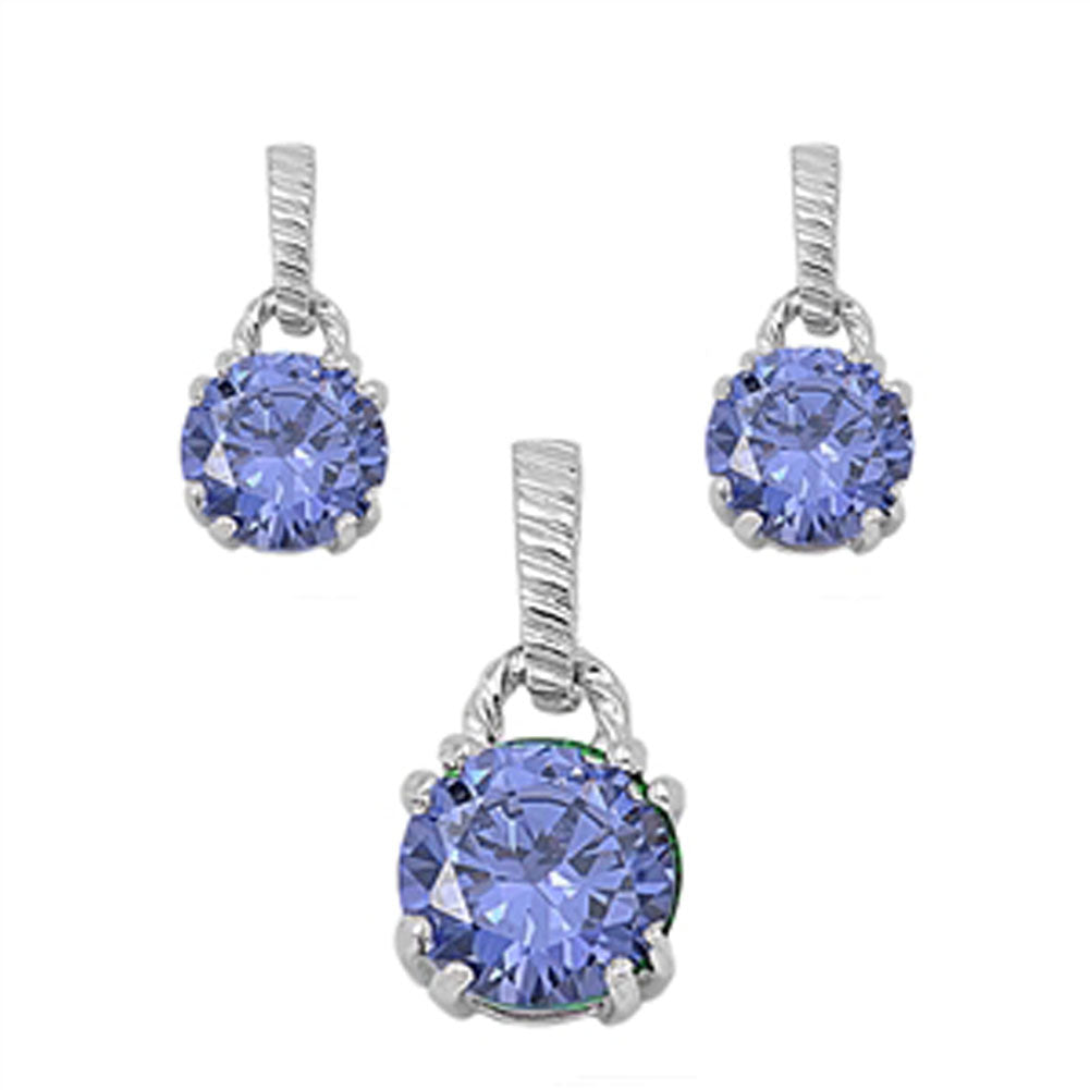 Solitaire Round Earrings Simulated Tanzanite .925 Sterling Silver Pendant Set