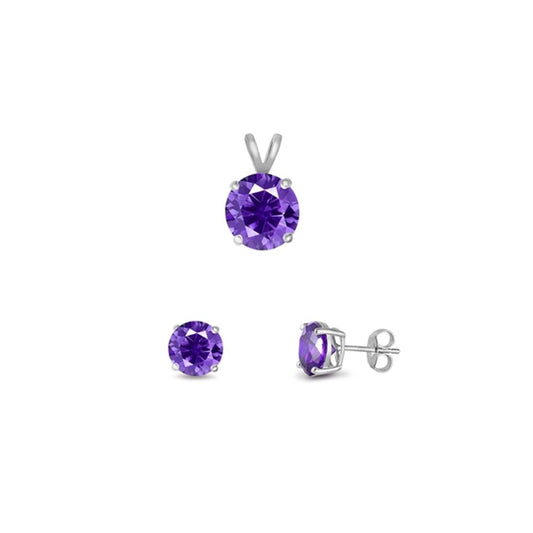 Sterling Silver Round Fashion Amethyst CZ 4mm Earring & 6mm Pendant Set 925 New