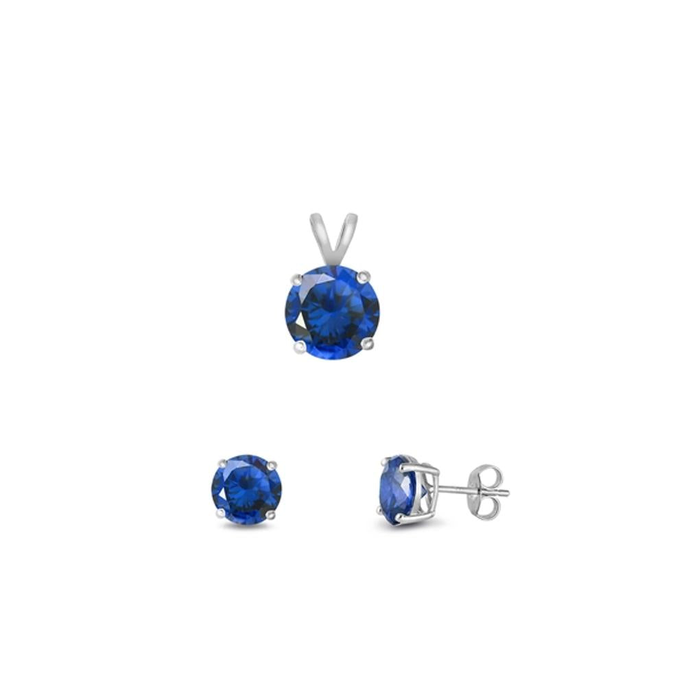 Sterling Silver Unique 4mm Blue Sapphire CZ Earrings & 6mm Pendant Set 925 New