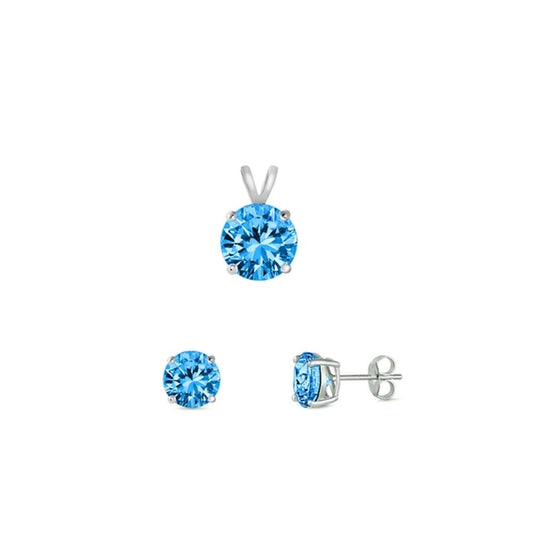 Sterling Silver Beautiful Round Blue Topaz CZ 4mm Earrings & 6mm Pendant Set