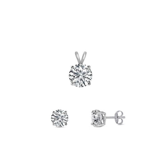 Sterling Silver Clear Round Fashion CZ 4mm Earring & 6mm Pendant Set 925 New