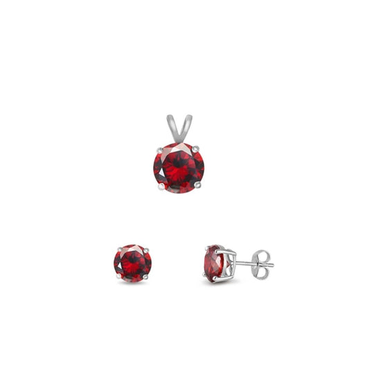 Sterling Silver Unique Round Garnet CZ 4mm Earrings & 6mm Pendant Set 925 New