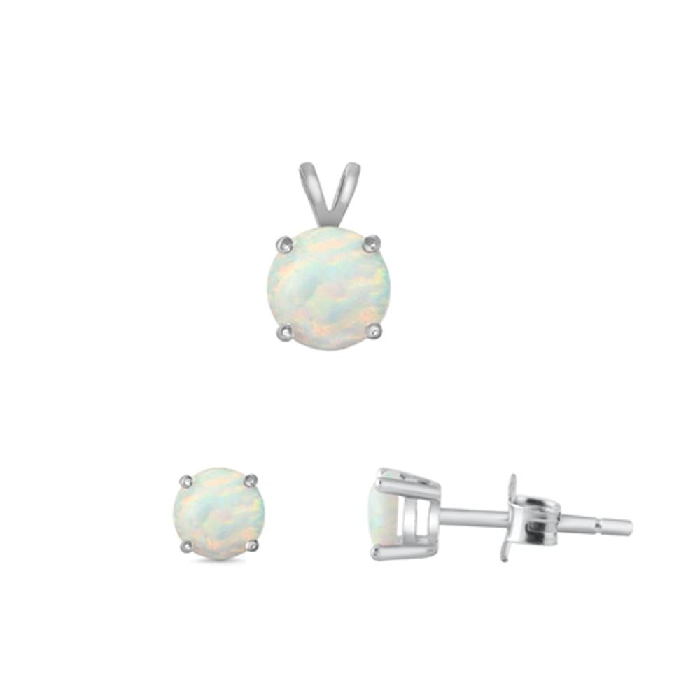 Sterling Silver Polished White Synthetic Opal 4mm Earrings & 6mm Pendant .925