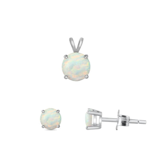 Sterling Silver Polished White Synthetic Opal 4mm Earrings & 6mm Pendant .925