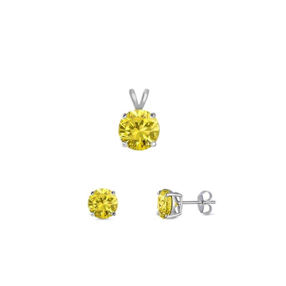Sterling Silver Round Fashion Yellow CZ 4mm Earring & 6mm Pendant Set 925 New