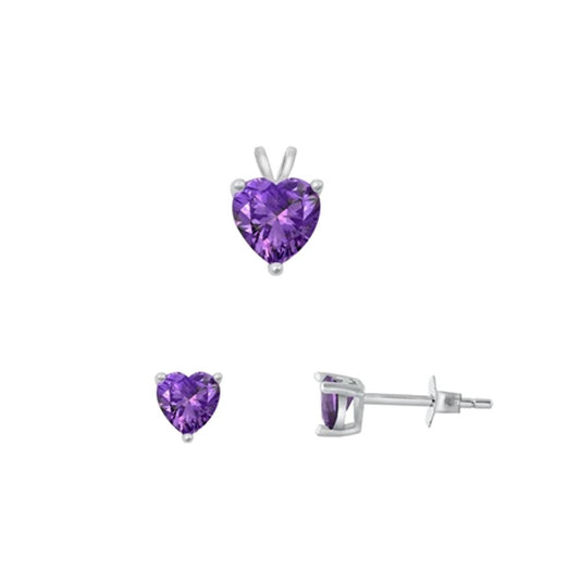 Sterling Silver Fashion Heart Amethyst CZ 4mm Earrings & 6mm Pendant Set 925 New