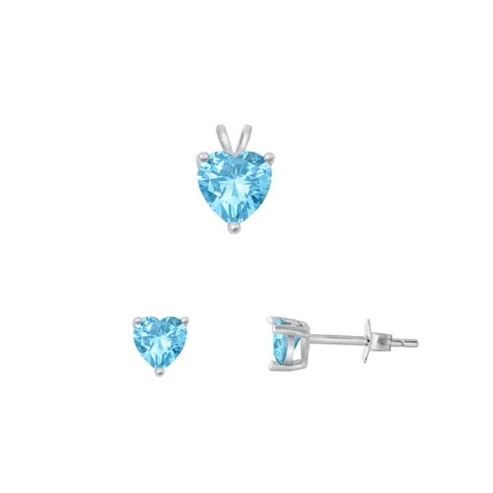 Sterling Silver Cute 4mm Aquamarine CZ Earrings & 6mm Heart Pendant Set 925 New