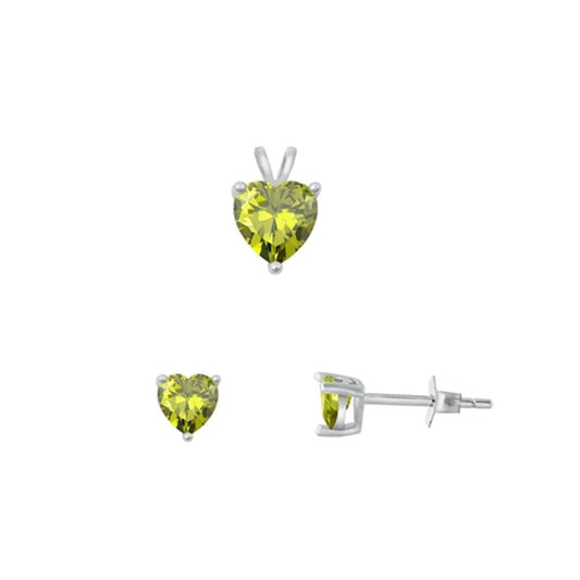 Sterling Silver Unique Heart Peridot CZ 4mm Earrings & 6mm Pendant .925 New