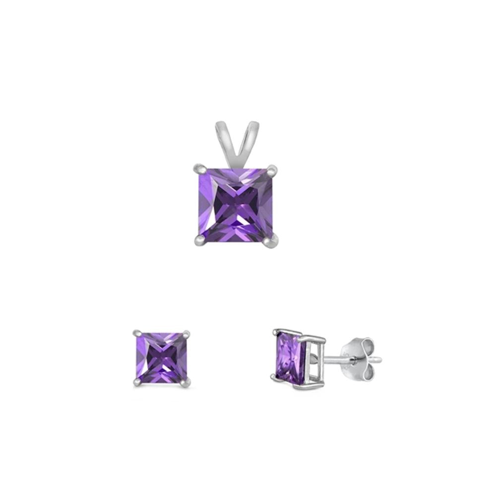 Sterling Silver Amethyst CZ Stud Earrings .925 Princess Cut 6mm Pendant New