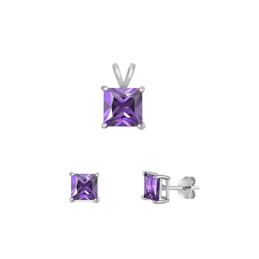 Sterling Silver Amethyst CZ Stud Earrings .925 Princess Cut 6mm Pendant New
