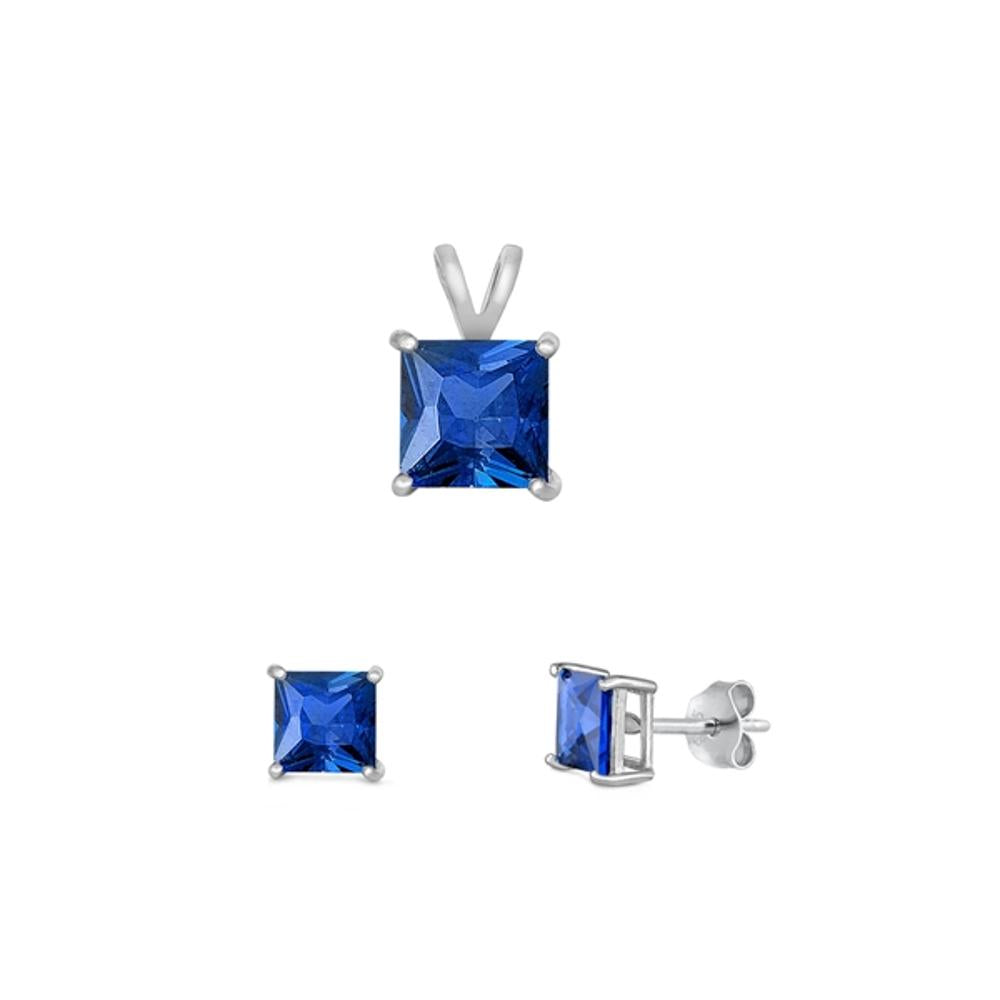 Sterling Silver Princess Cut 4mm Blue Sapphire CZ Earrings & 6mm Pendant Set 925