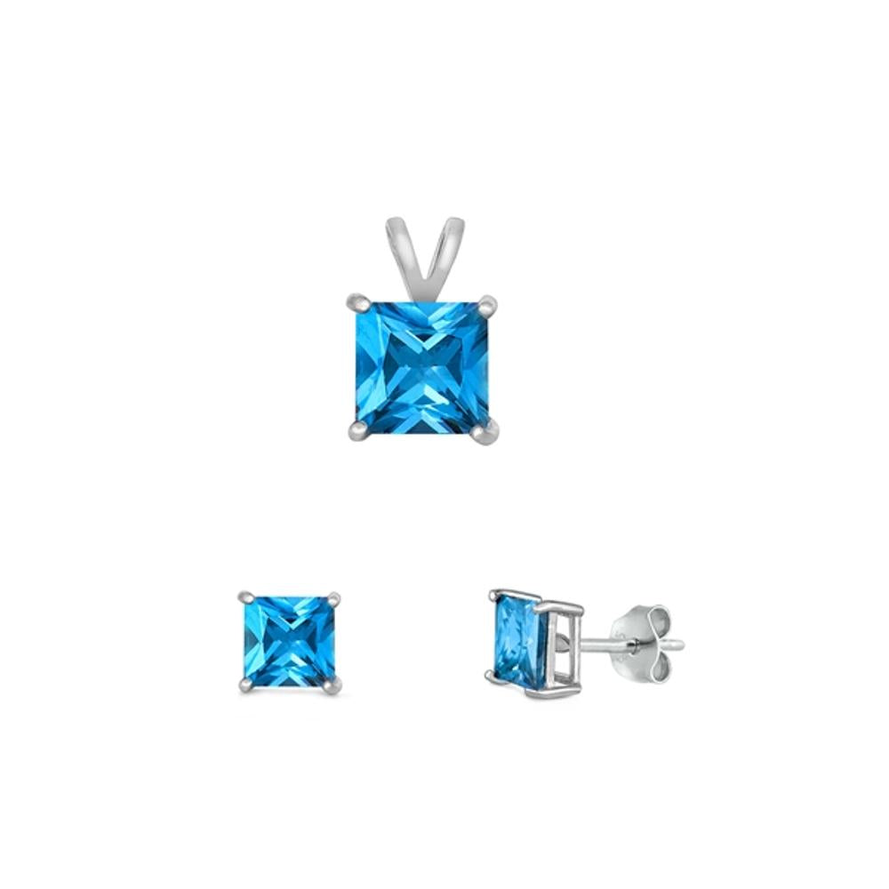 Sterling Silver Princess Cut 4mm Blue Topaz CZ Earrings & 6mm Pendant Set 925