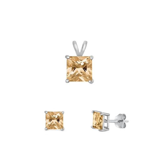 Sterling Silver Cute Princess Cut 4mm Champagne CZ Earrings & 6mm Pendant Set
