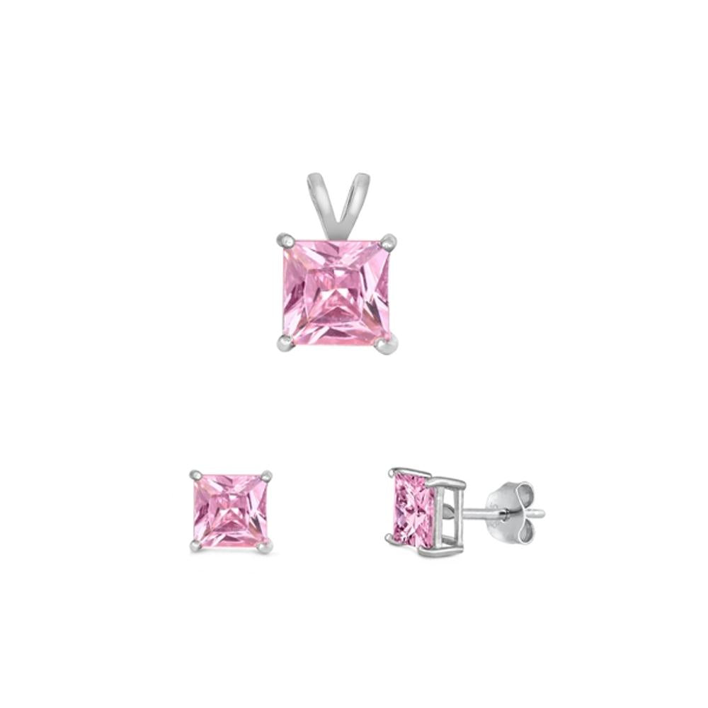 Sterling Silver Wholesale Pink CZ 4mm Earrings & 6mm Pendant Set 925 New