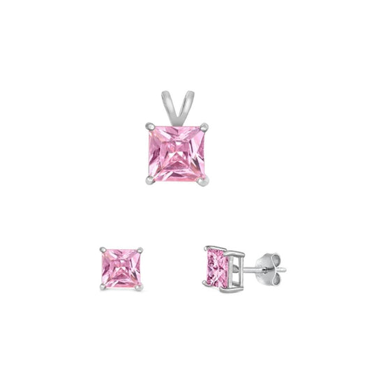 Sterling Silver Wholesale Pink CZ 4mm Earrings & 6mm Pendant Set 925 New