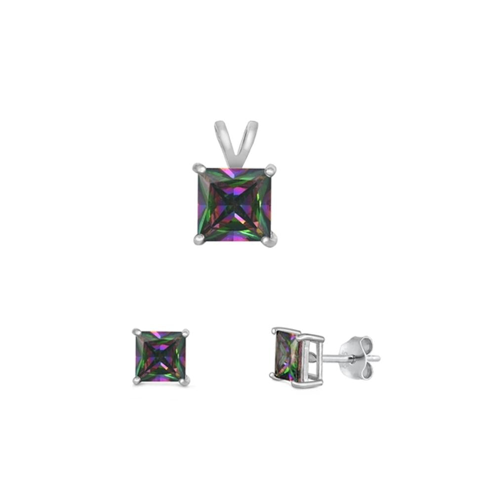 Sterling Silver Cute Rainbow Topaz CZ 4mm Earrings & 6mm Pendant Set 925 New