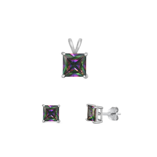 Sterling Silver Cute Rainbow Topaz CZ 4mm Earrings & 6mm Pendant Set 925 New