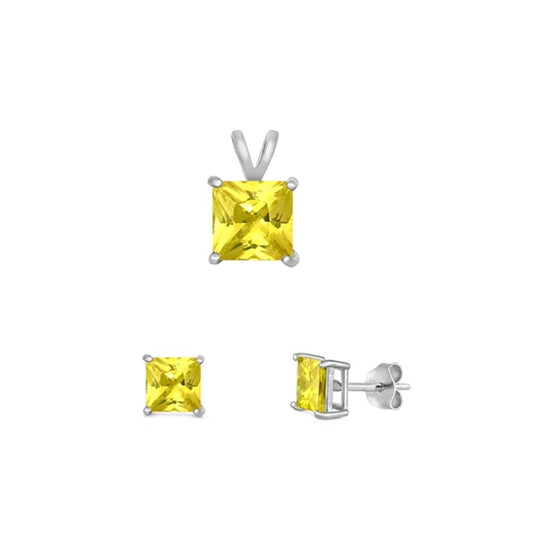 Sterling Silver Cute Fashion Yellow CZ 4mm Earrings & 6mm Pendant Set 925 New