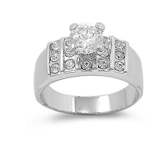 Round Clear CZ Solitaire Fashion Ring New .925 Sterling Silver Band Sizes 5-9