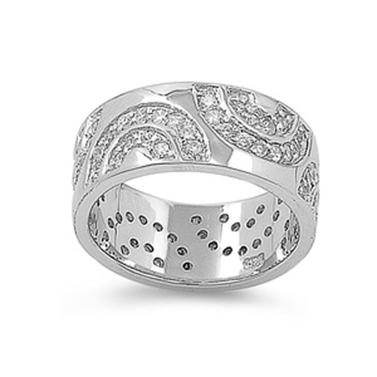 Sterling Silver Woman's Clear CZ Ring Fashion Wide Wedding Band 9mm Sizes 5-9