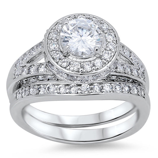 White CZ Polished Halo Elegant Ring Set New .925 Sterling Silver Band Sizes 5-9