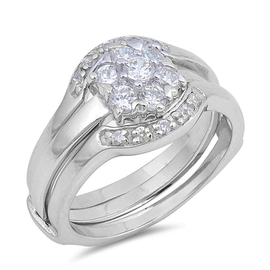 White CZ Flower Cluster Wedding Ring Set New 925 Sterling Silver Band Sizes 5-10