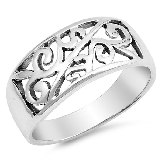 Victorian Style Filigree Leaf Design Ring .925 Sterling Silver Band Sizes 5-9