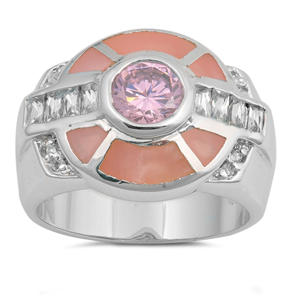 Round Pink CZ Wide Large Class Ring New .925 Sterling Silver Band Sizes 6-10
